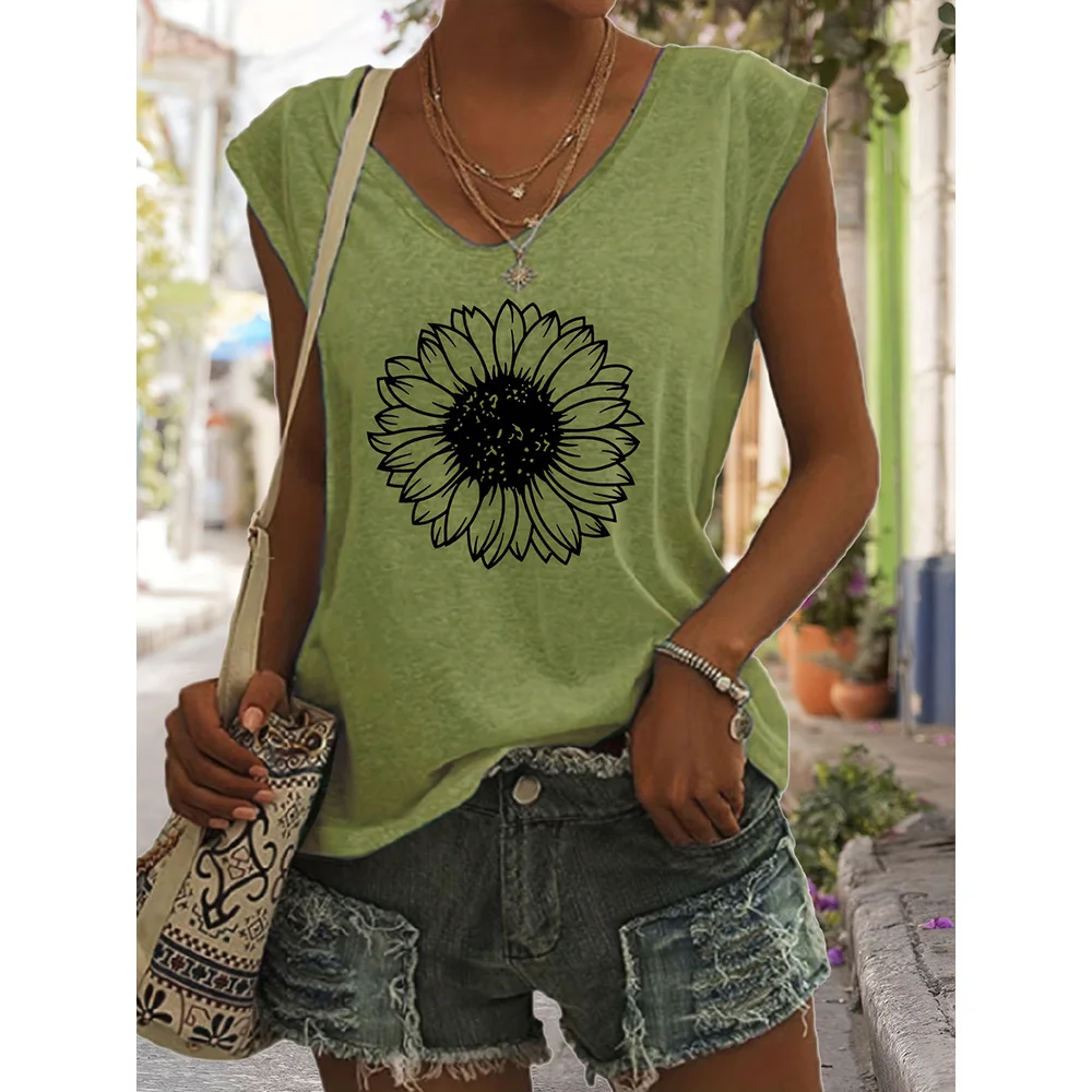 Women's T-shirt Summer V-Neck Fashion Clothing Simple Style Top Loose Casual Short-Sleeved Plus Size Women's Vest 2024 New Model