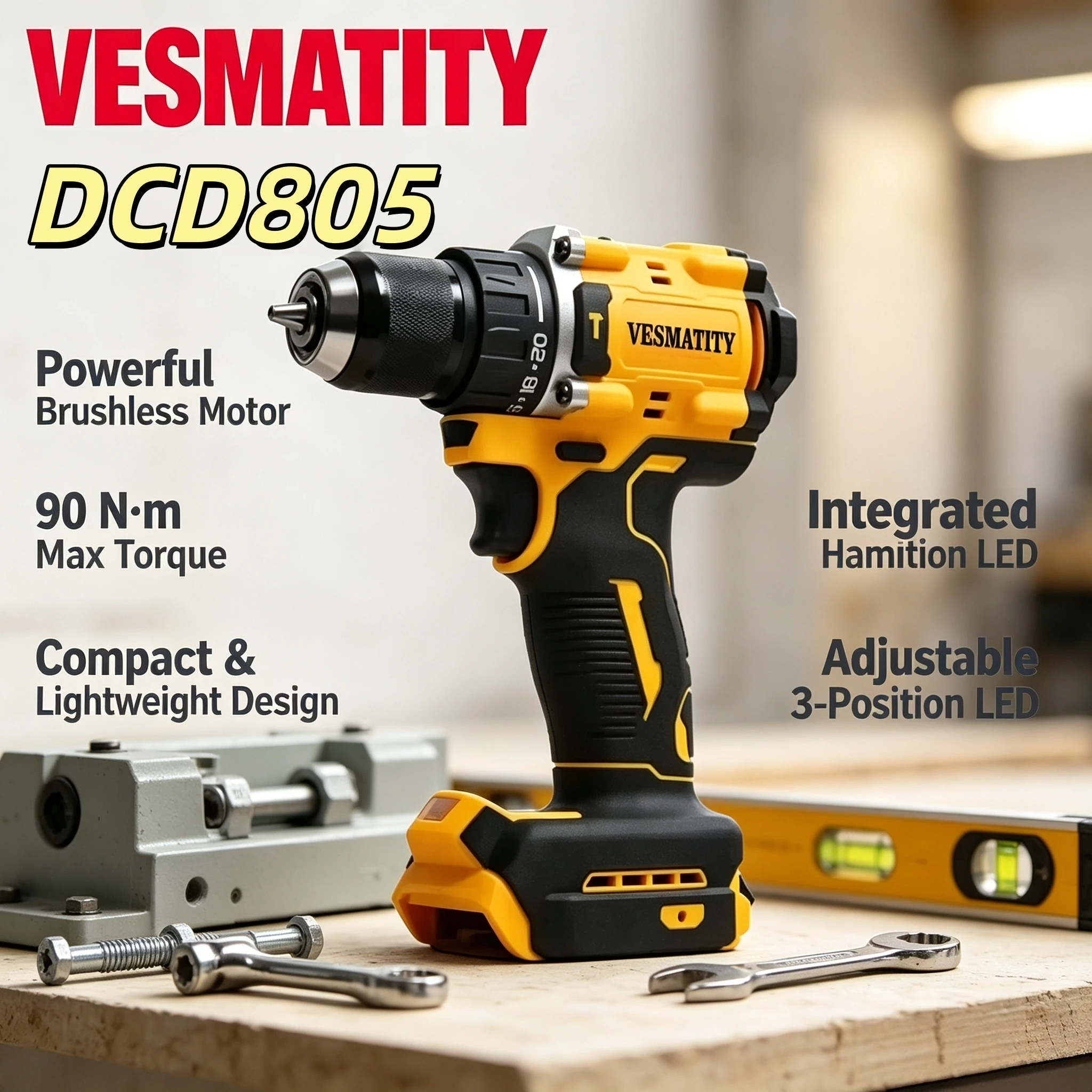 DCD805 Brushless Impact Drill Cordless Electric Screwdriver Multi Function Hand Drill Tool For 18V Battery Max Use