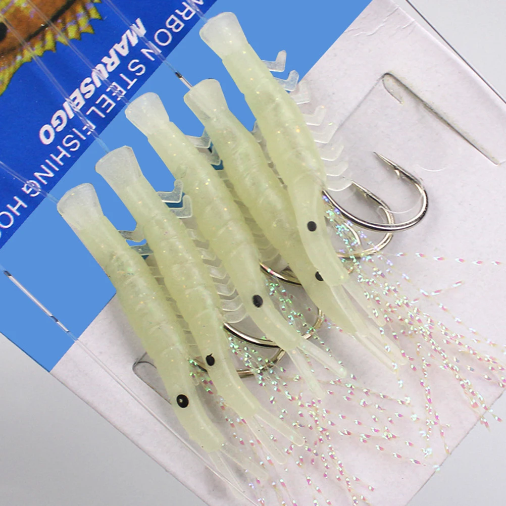 

3 Strings Luminous Shrimp Hook Fishing Lure Hook String Tack Bait Hook Lure Worm Fake Lure Lure Fishing Hooks (NO.6 Hooks)