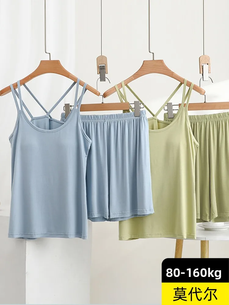 Modal Summer Thin Cup One-Piece Shorts Set Women's Home Clothes Sleepwear Two-Piece Set Beautiful Back Strap Home Clothes