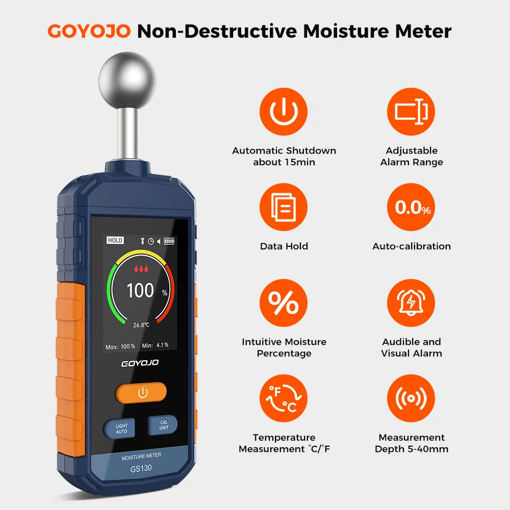 Tester di umidità del legno con sonda a sfera, scansione rapida 3s di profondità 5~40 mm e LCD 0-100% con precisione ±0,25% per materiali da costruzione