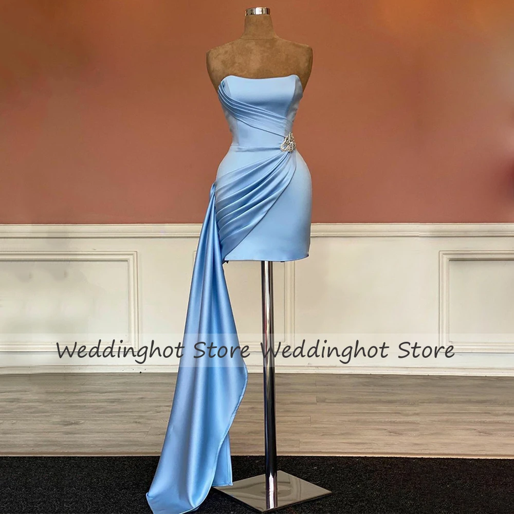 Mini Cocktail Dress with Side Draped Train Sky Blue Satin Gowns for Women Strapless Sheath Short Evening Party Dresses
