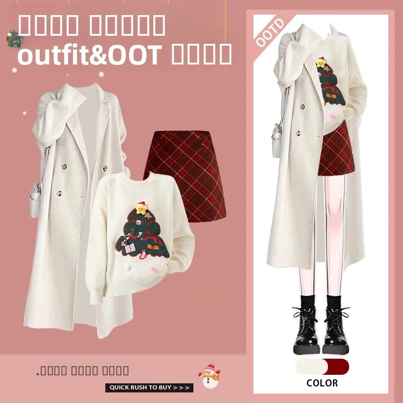 

Korean Style Winter Outfit Three Piece Set Women's Coat Sweater Plaid Skirt New Year's Fashion Ensemble round Neck Long ...