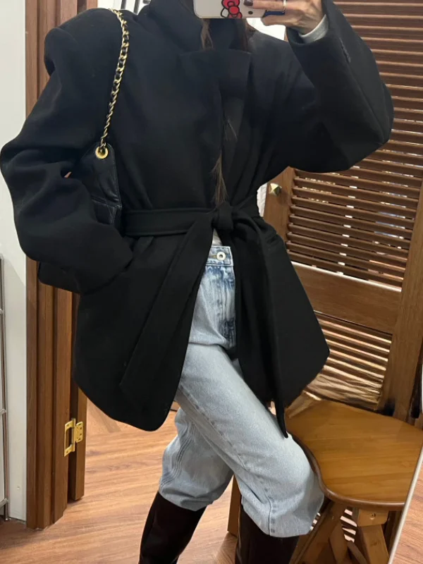 Retro Woolen Suit Jaet Women's Winter New Sle Aosphere Sensation Clothing Korean Loose Belted Waist-Cinching Top