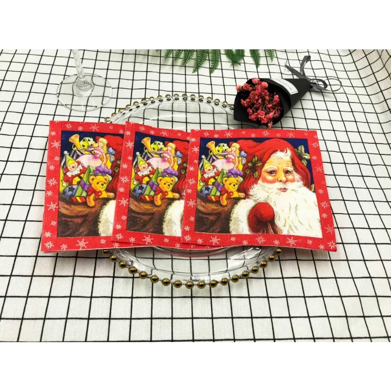 Wholesale Customizable Santa Claus Colorful Printed Napkins Christmas Celebration Party Paper Napkins Mouth Cloth Folding Flower