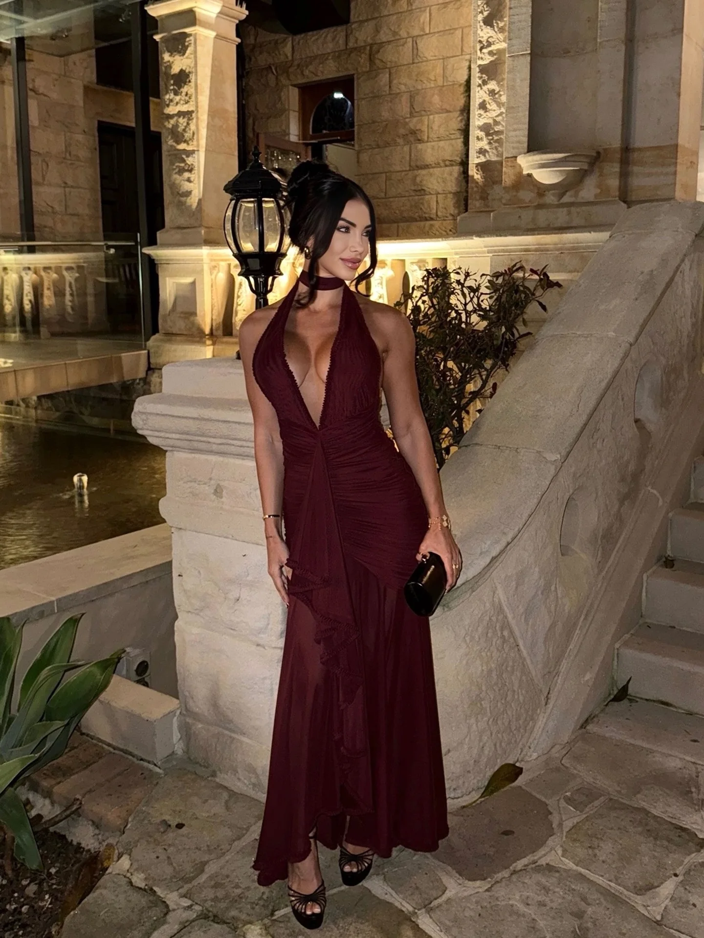 Oligai Zomer Sexy Bruiloft Gast Jurk Vrouwen 2023 Nieuwe Collectie Mesh Ruches Jurk Elegante Bodycon Halter V-hals Zeemeermin Jurk