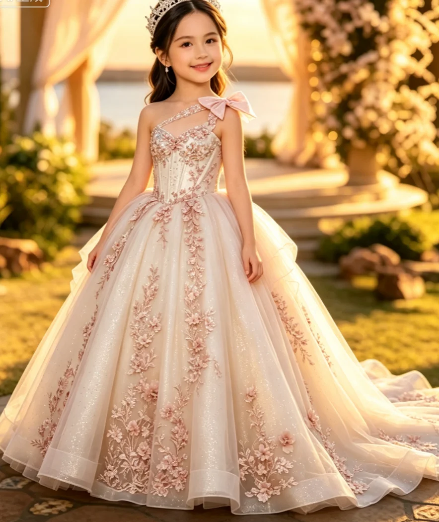 Champagne Flower Girl Dress One Shoulder Pink Bow 3D Floral Appliques Glitter Tulle Ball Gown Wedding Pageant Formal Gowns