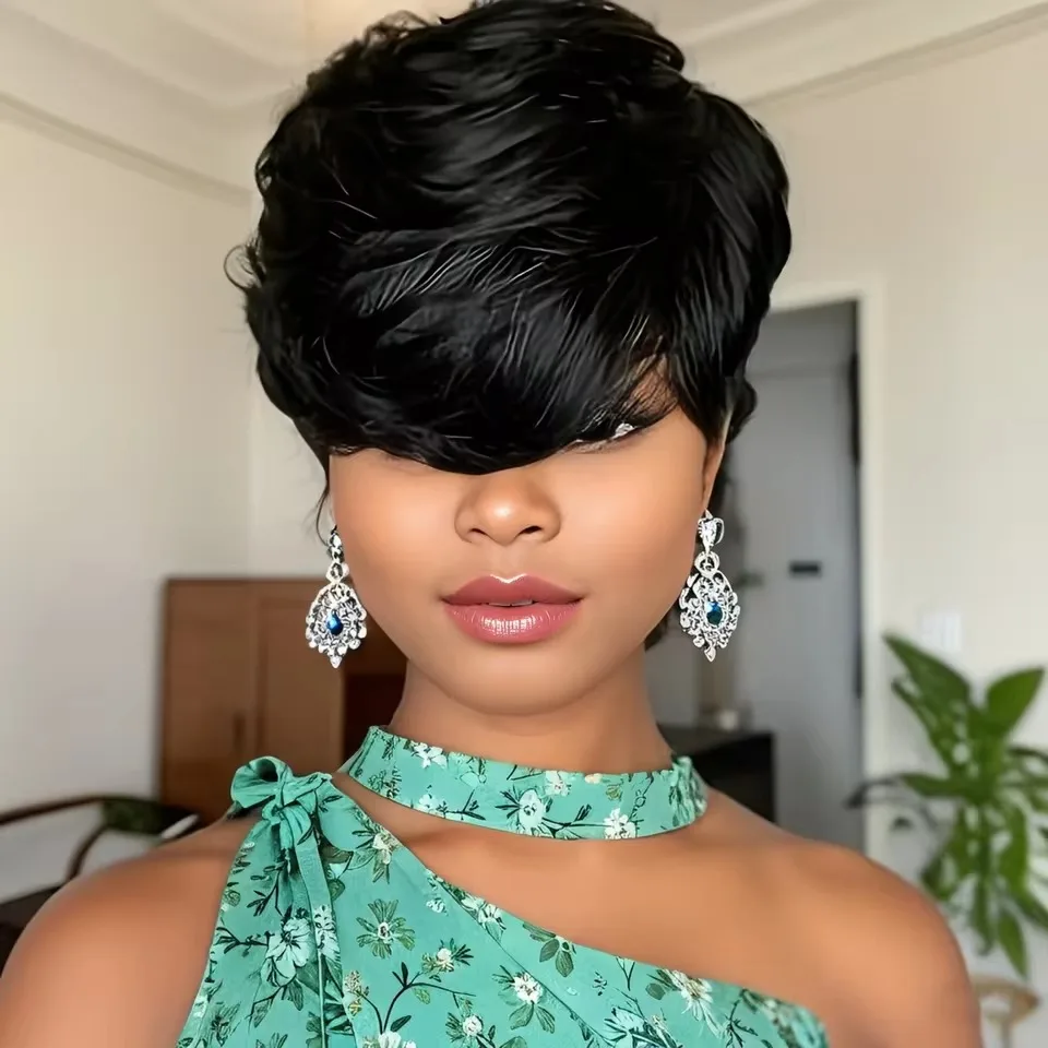 Short Straight Pixie Wigs Human Hair 100% Natural Realistic Pre Plucked Brazilian Hair Full Machine Made For Women Daily Style