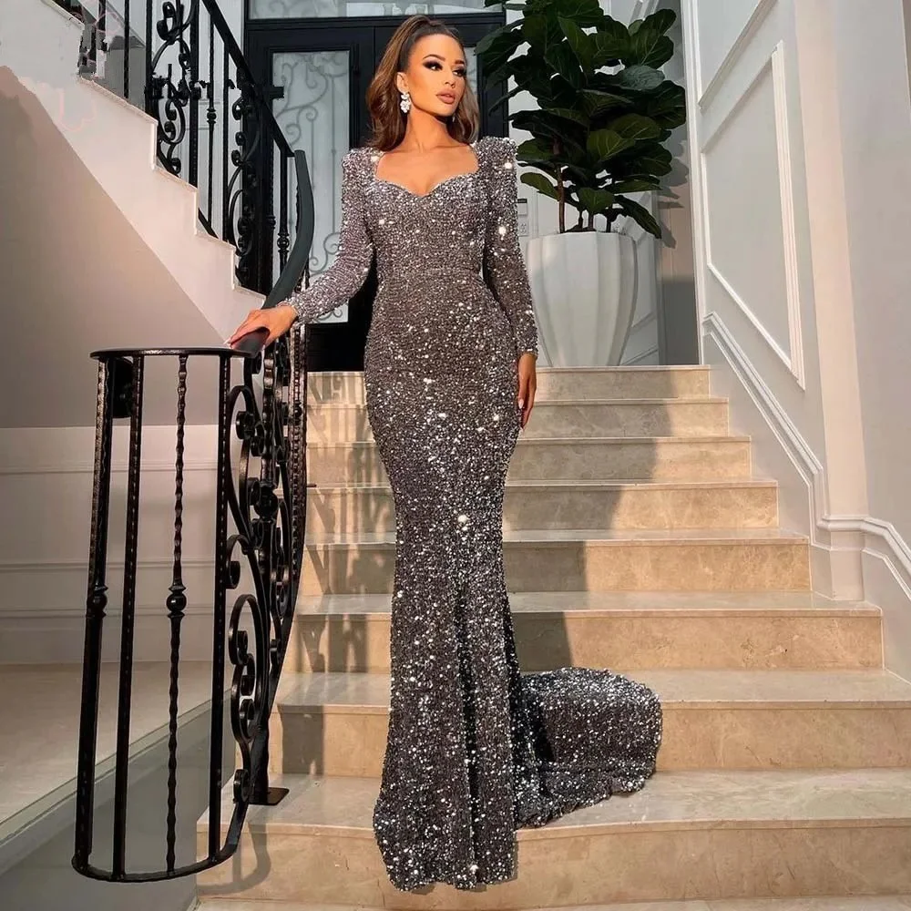 Grey Sequined Prom Dress Full Sleeve Sexy V Neck Mermaid Evening Dresse Long Glitter Women\'s Formal Customized Party Gowns