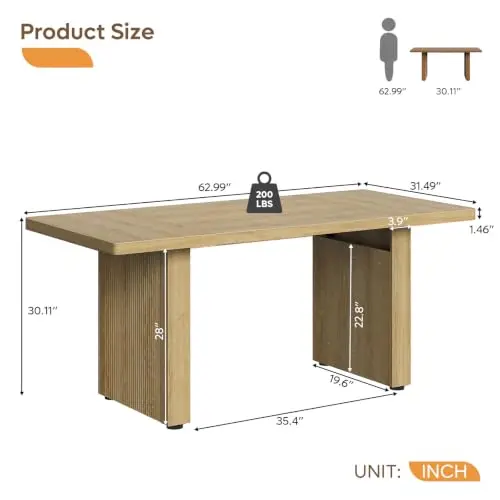 62.99 Inch Wood Executive Desk, Modern Office Desk with Double Pedestal, Wooden Vertical Striped Fluted Computer Desk
