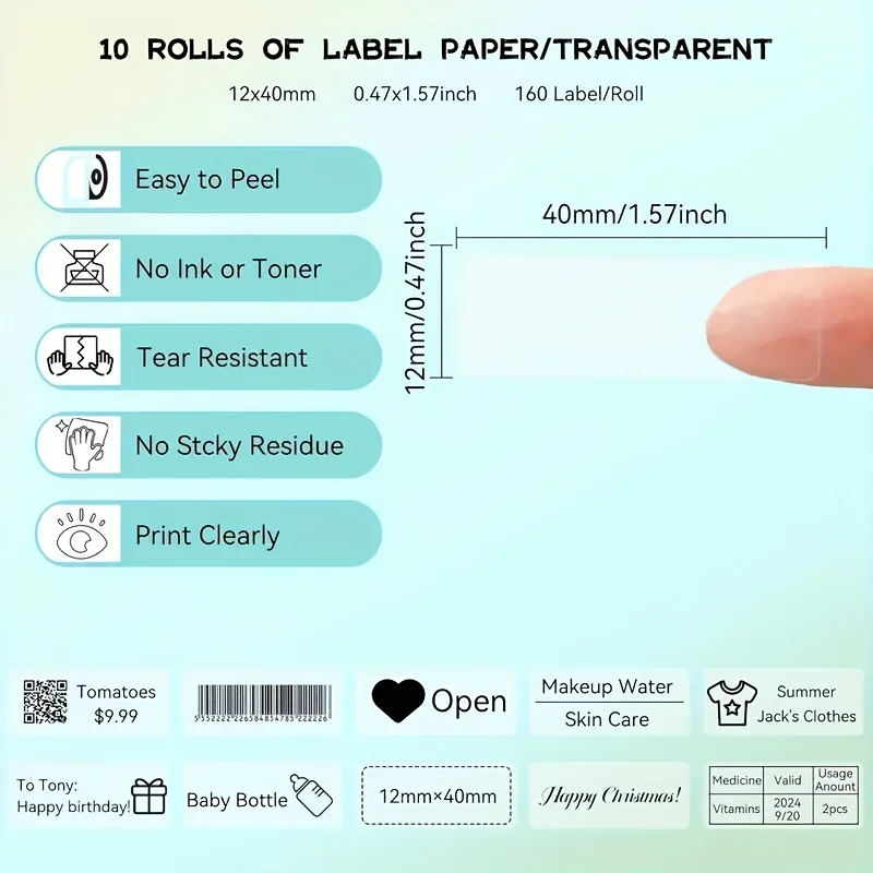 1920 قطعة 12 × 40 مم ملصقات ملصقات مصقولة (12 لفة، 160 قطعة/لفة) - متوافقة مع طابعات D30/P15/HP4 للمنزل/المكتب/العرض
