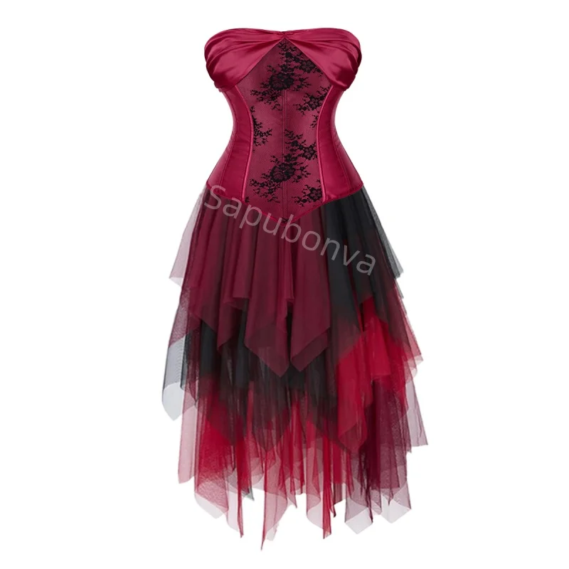 

Corset Dress Costume Lace long skirt Set With Sexy Bustier Costume Party Sexy Burlesque Ladies Outfit Plus Size Halloween red