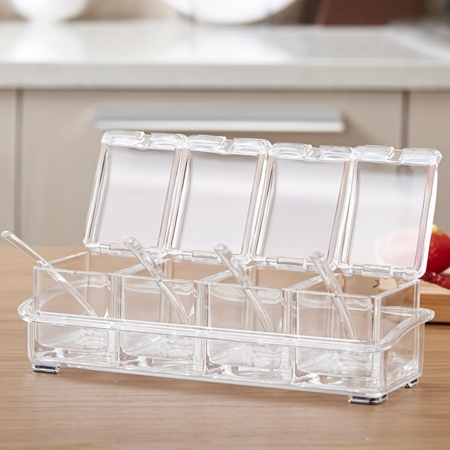 Transparent Acrylic Seasoning Box with Spoon, Multi-Grid Design, Moisture-Proof, Sugar Box with Lid for Apartment Kitchen Organi