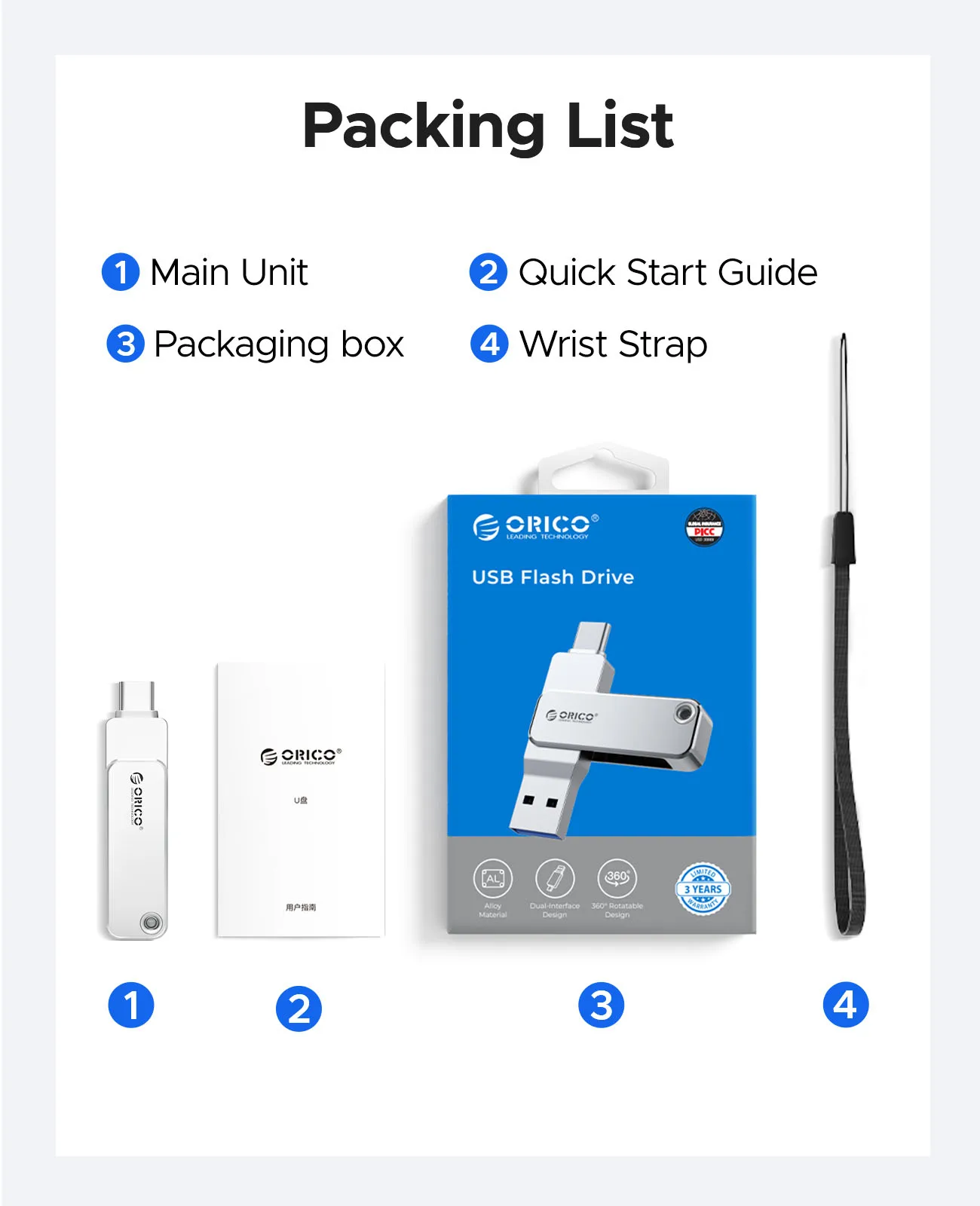 ORICO 128GB USB C محرك فلاش مزدوج USB 3.2 محرك فلاش نوع C + USB A محرك فلاش محمول من النوع C 2 في 1 USB-C محرك الإبهام