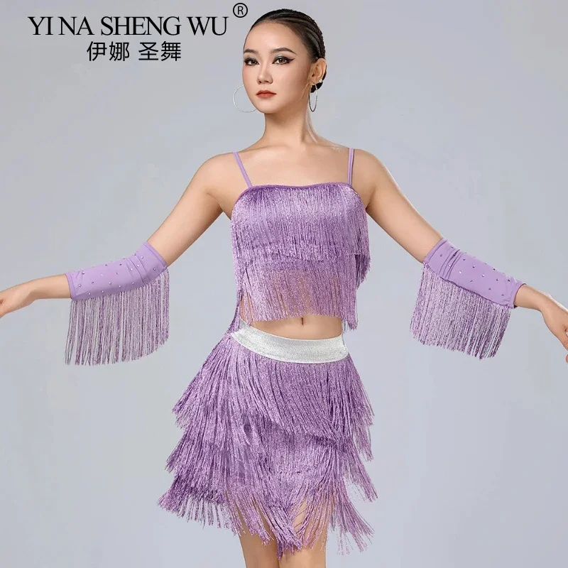 Ladies' Latin Dance Dress Adult Dance Dress Salsa Samba Dance Competition Tassel Dress Sexy Party Set with Sleeved Tassel Skirt