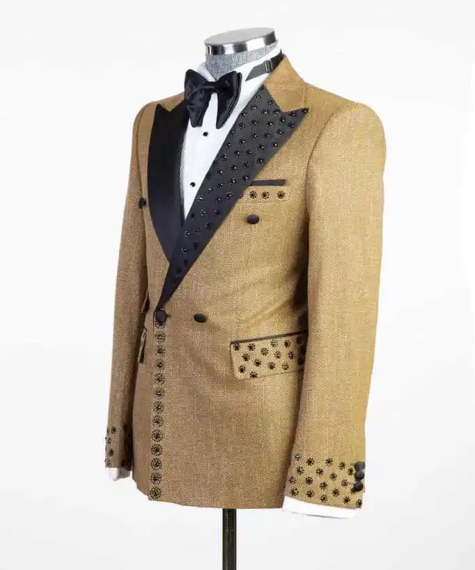 Classic Men's 2-Piece Suit Embroidered Accent Contrast Satin Lapel Double-Breasted Blazer & Pants Formal Set Customized