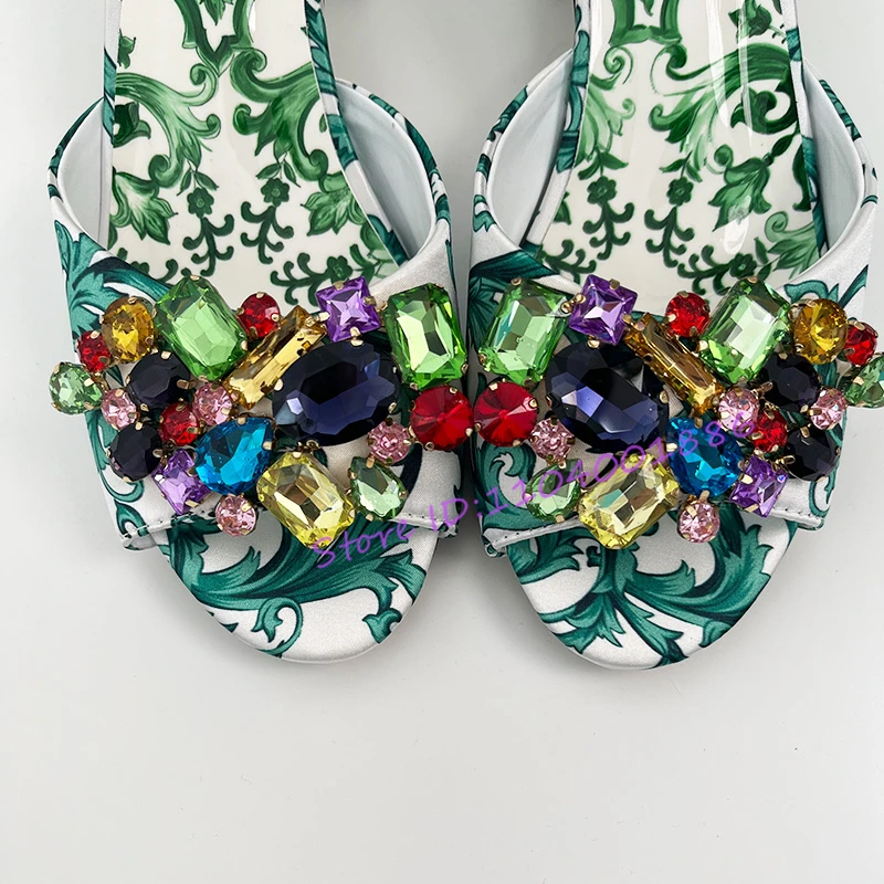 Diamond Gemstone Thick Heel Sandals for Women Green Floral Print Shallow High Heels Slippers Luxury Genuine Leather Party Shoes