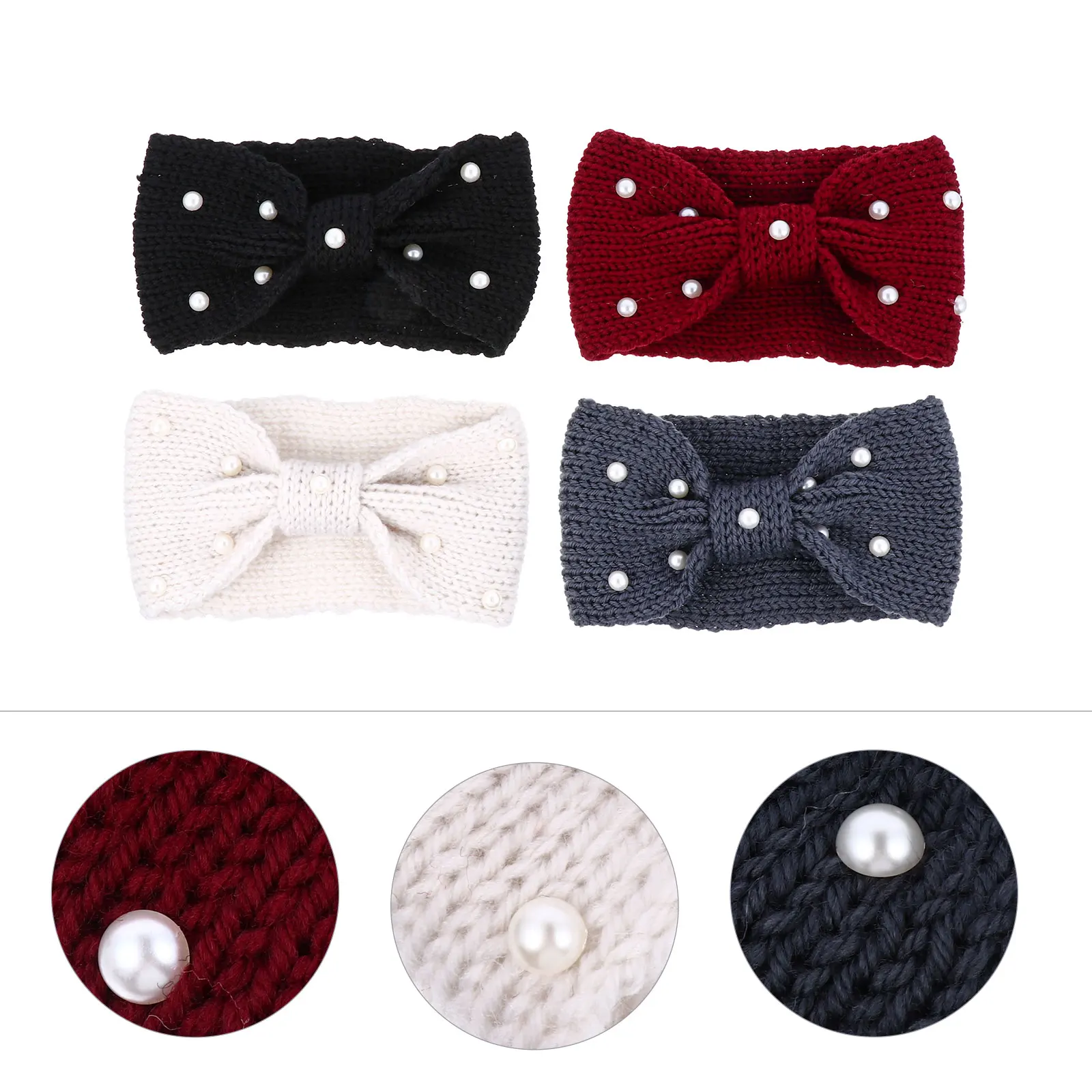 

4 шт., шерстяные вязаные повязки на голову с жемчужным декором и бантом, зимние повязки для волос для женщин и девочек, удобные теплые повязки на голову