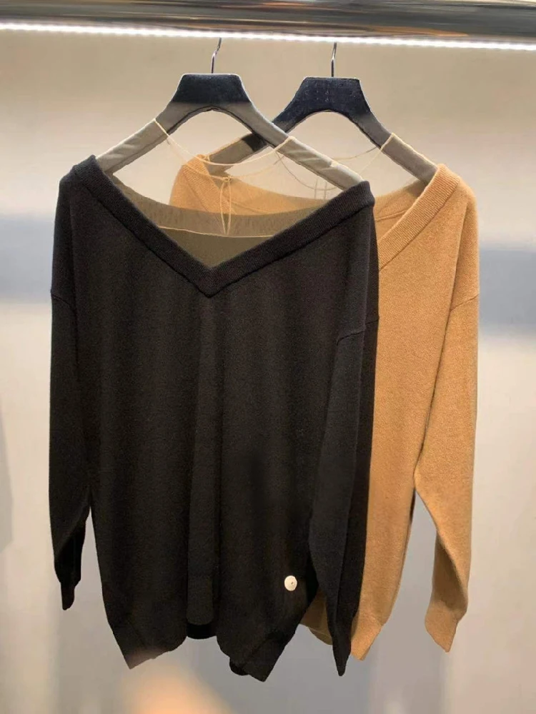 

Spring 2025 Women's Loose Long Sleeve Knitted Wool Blend Mesh Splice Top Trendy Street Style Comfortable Fit V-Neck Mid-Length