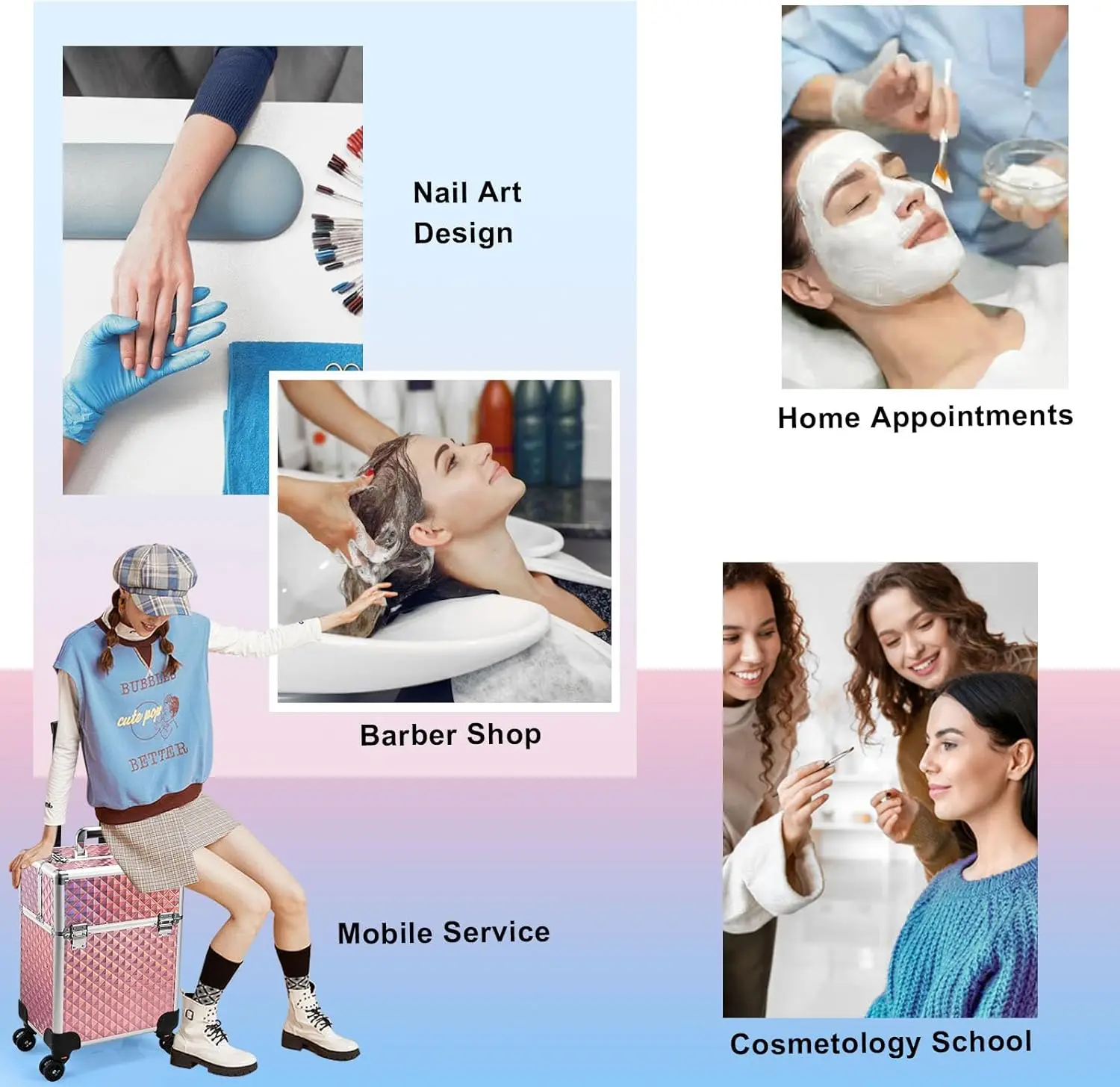 حقيبة مكياج كبيرة دوارة مع 4 صواني، حاجز منزلق، طبقة قابلة للإزالة، عجلات دوارة لتخزين صالونات التجميل والسفر