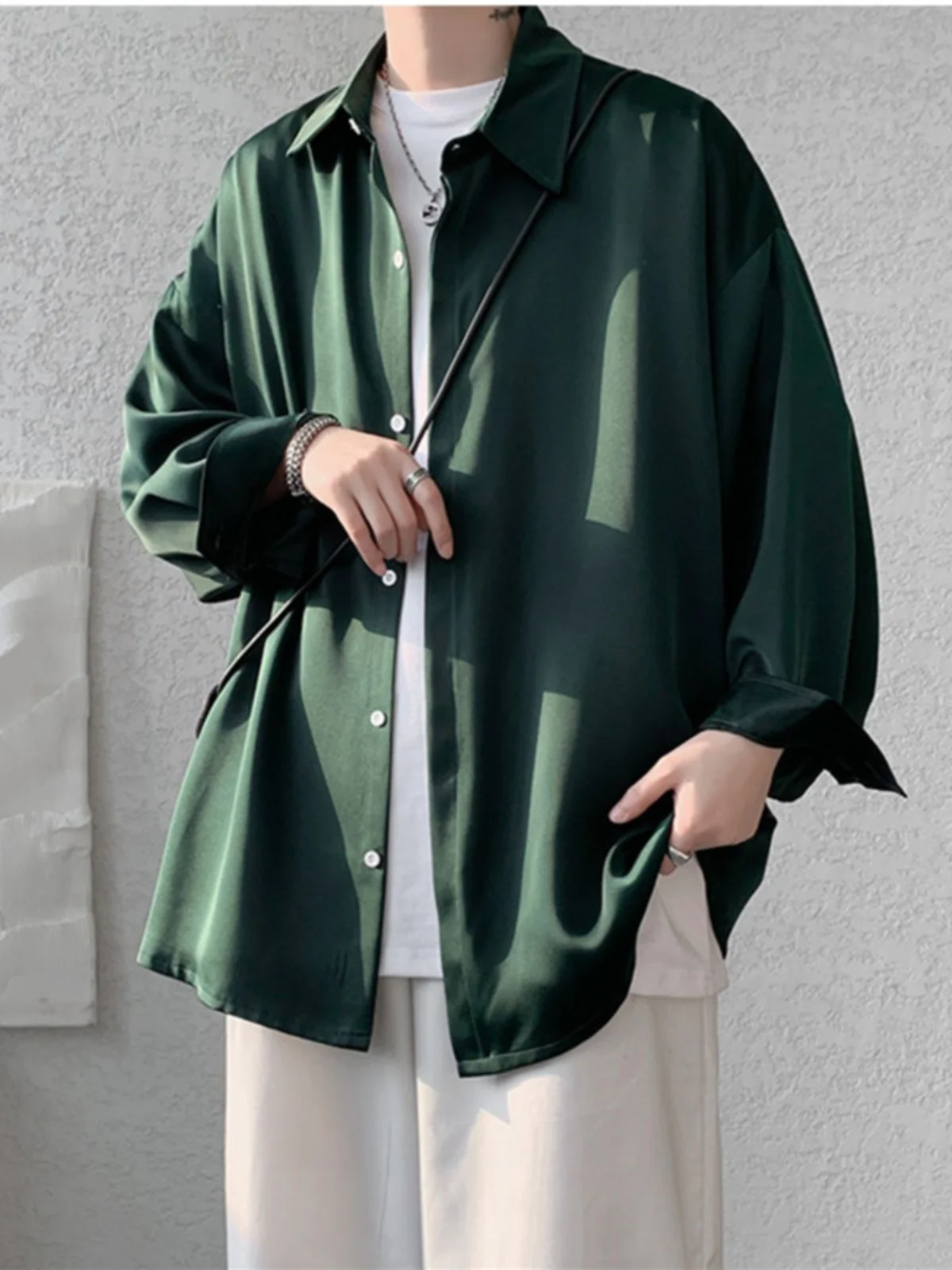 

Loose Fit Ice Silk Long Sleeve Shirt Men's Summer Thin Style Seven-Quarter Sleeve Pure Color Casual Shirt Outerwear