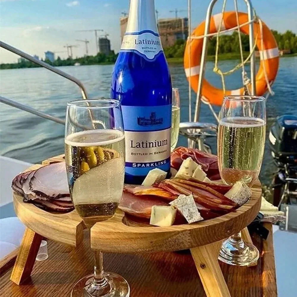 Wooden Folding Picnic Table Outdoor Camp Round Foldable Desk Wine Glass Rack Portable Leisure Time Snack Table Nut Fruit Plate image 4