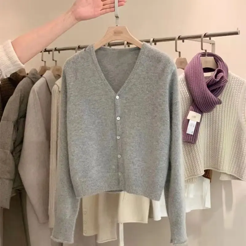 

Новый модный женский шерстяной кардиган с v-образным вырезом на пуговицах, теплый плюшевый свитер, весенне-осенне-зимний трикотаж, топы из 100% мериносовой шерсти