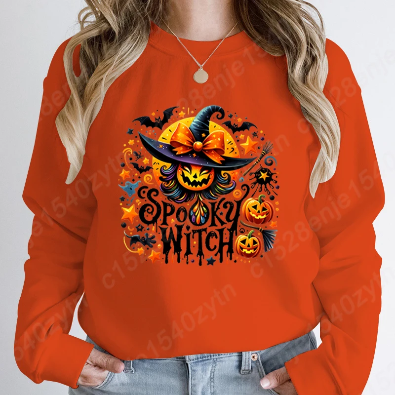 Halloween Spooky Witch Print Hoodless Sweatshirt Autumn And Winter Fashion Casual Sweatshirt Solid Color Ladies O Neck Pullovers