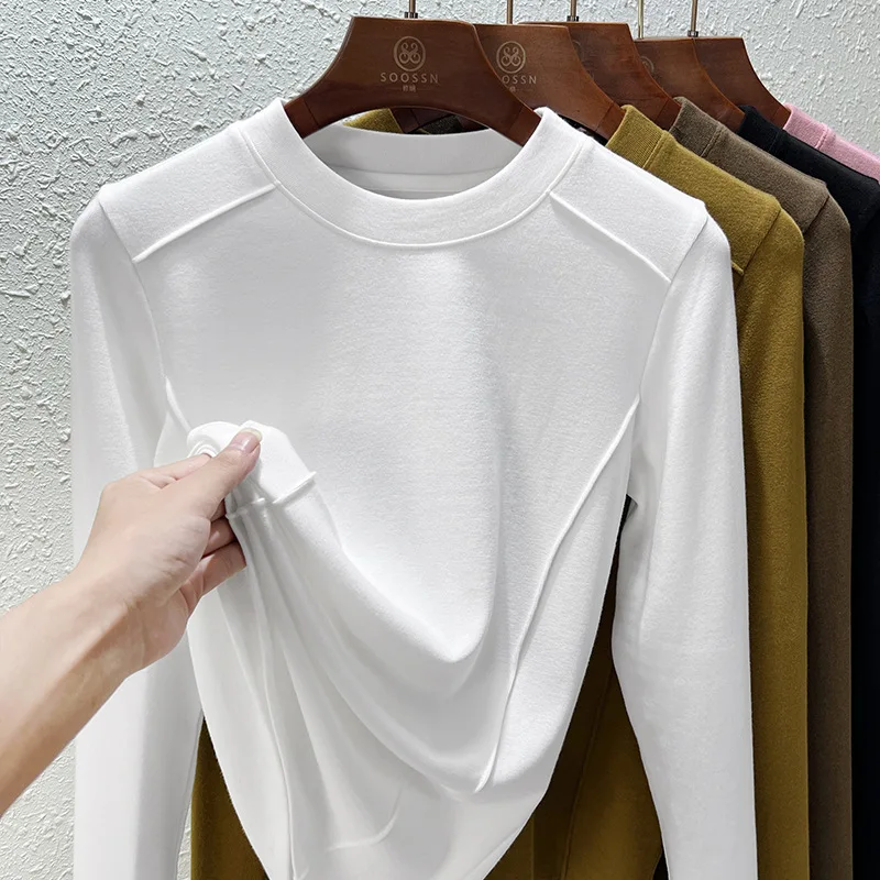 Ropa de manga larga para mujer, Tops de algodón de alta elasticidad, blusas de cuello redondo con Color sólido, otoño