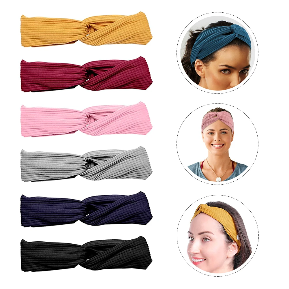 

6pcs Solid Color Knitted Cross Headbands For Women Yoga Sports Running Lightweight Elastic Hair Bands Head Wraps Comfortable
