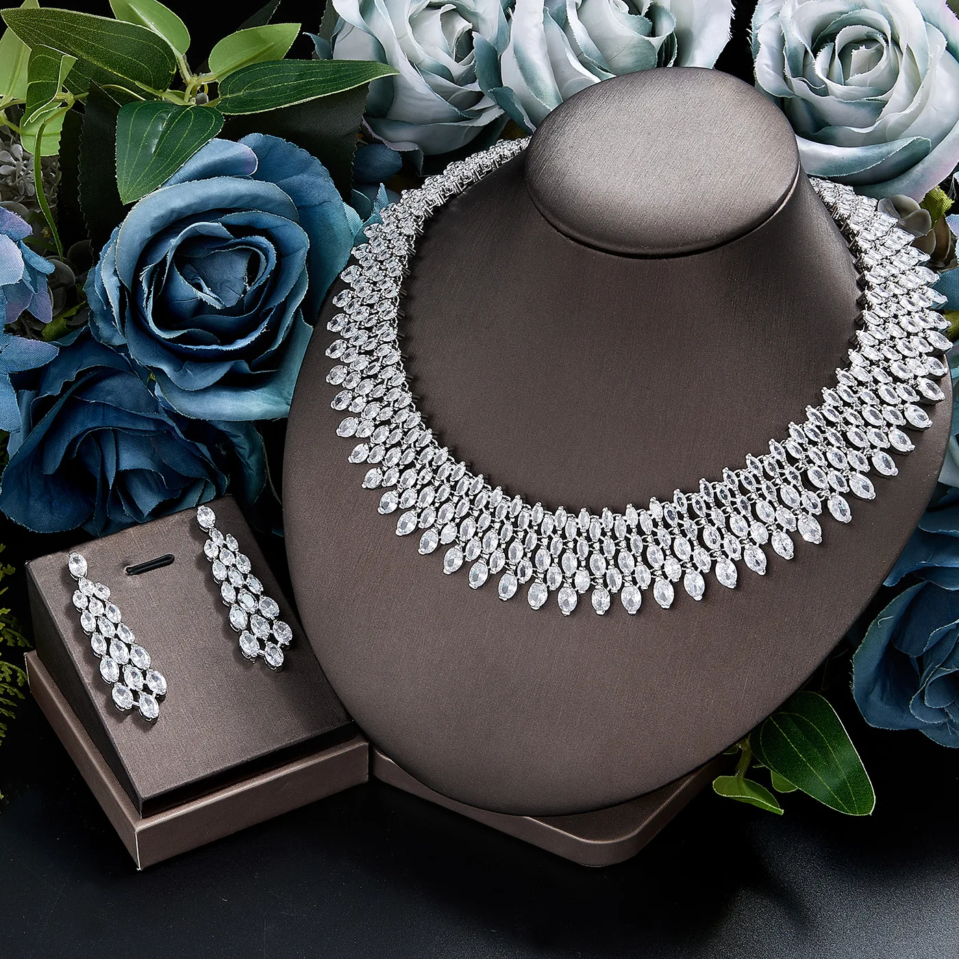 New Fashion 2 Piece Set Zirconia CZ Crystal Necklace Earrings Nigeria Wedding Bridal Jewelry Set Women Party Christmas Gift