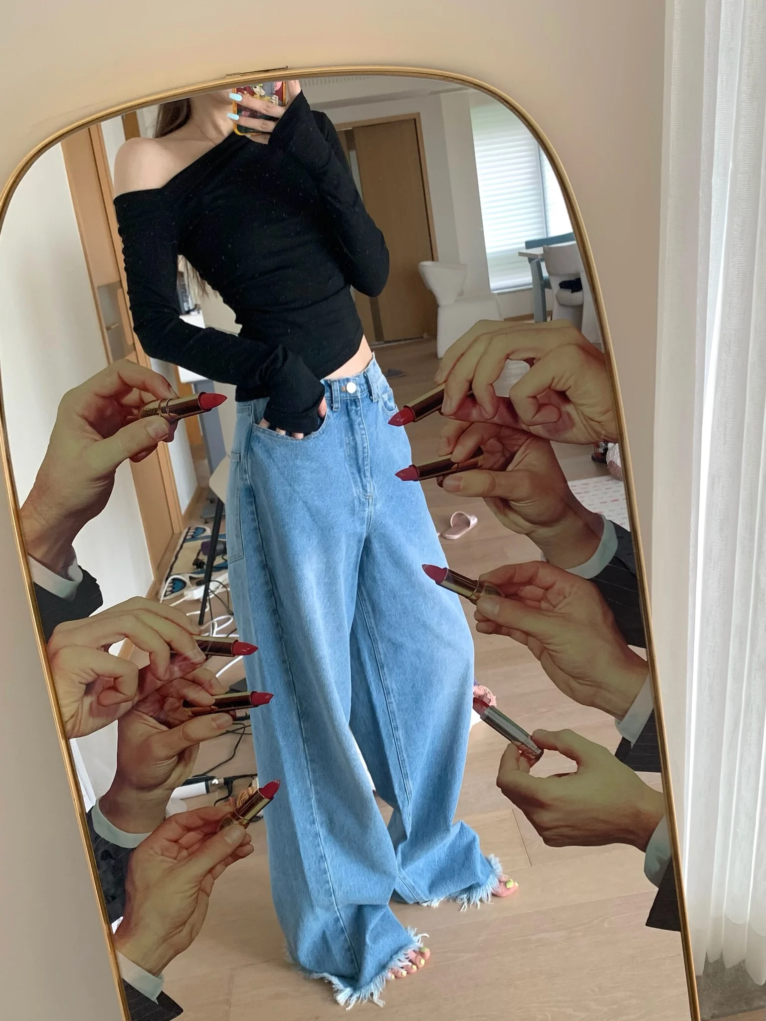 

Широкие джинсы с высокой талией MIMIHADID, классические джинсы с завышенной талией, джинсы скинни, повседневные весенне-осенние джинсовые брюки