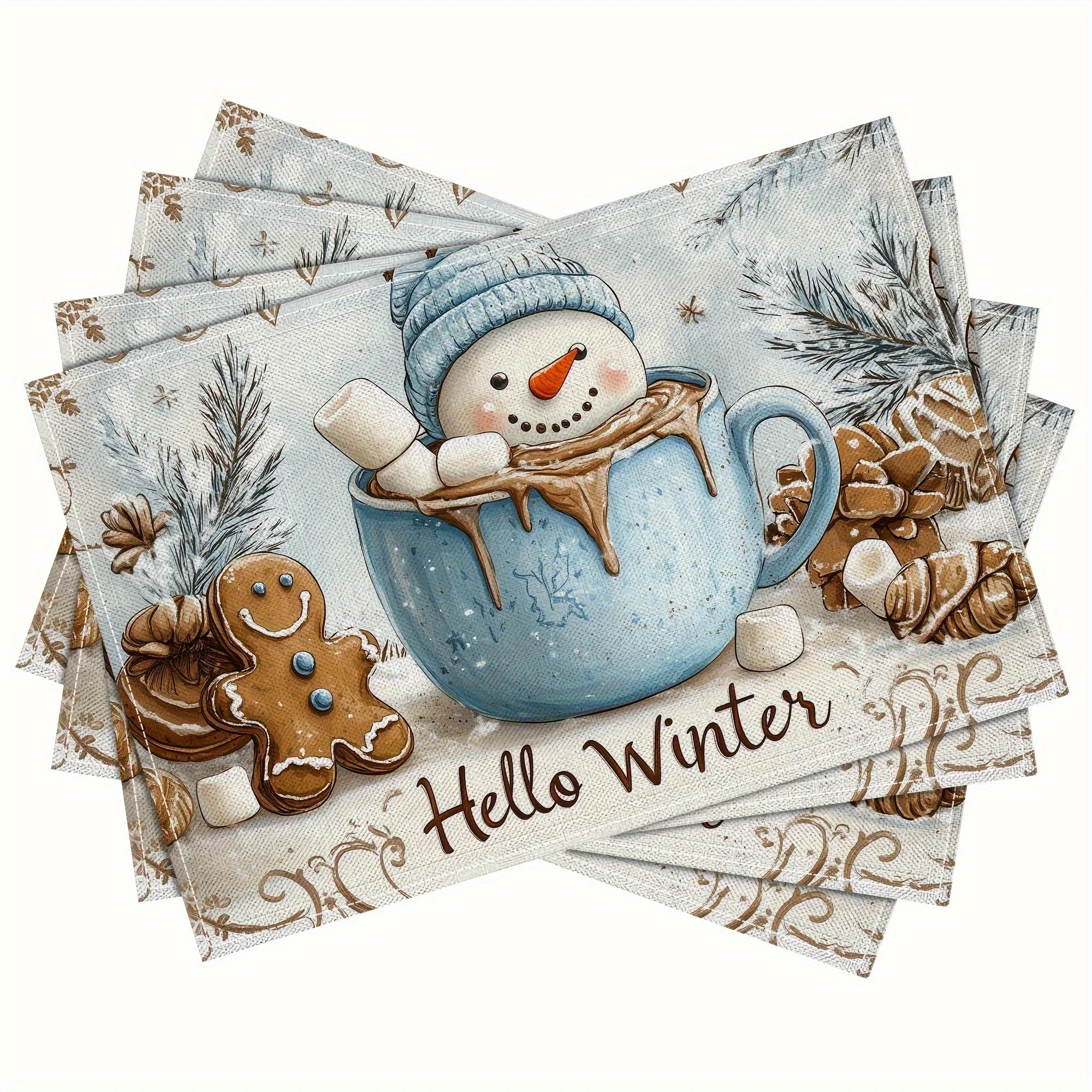 4‑Pieces Winter Snowman Hot Chocolate Table Runner, Heat‑Resistant Polyester for Restaurant Kitchen Xmas Party Home Decor