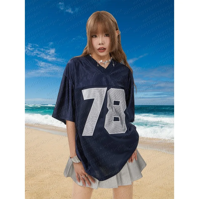 2026 Fashion Trend Ins Korean Niche 78 Jersey Hip-Hop Punk Street V-Neck Sports Short Sleeved T-Shirt Casual Men Women Styles