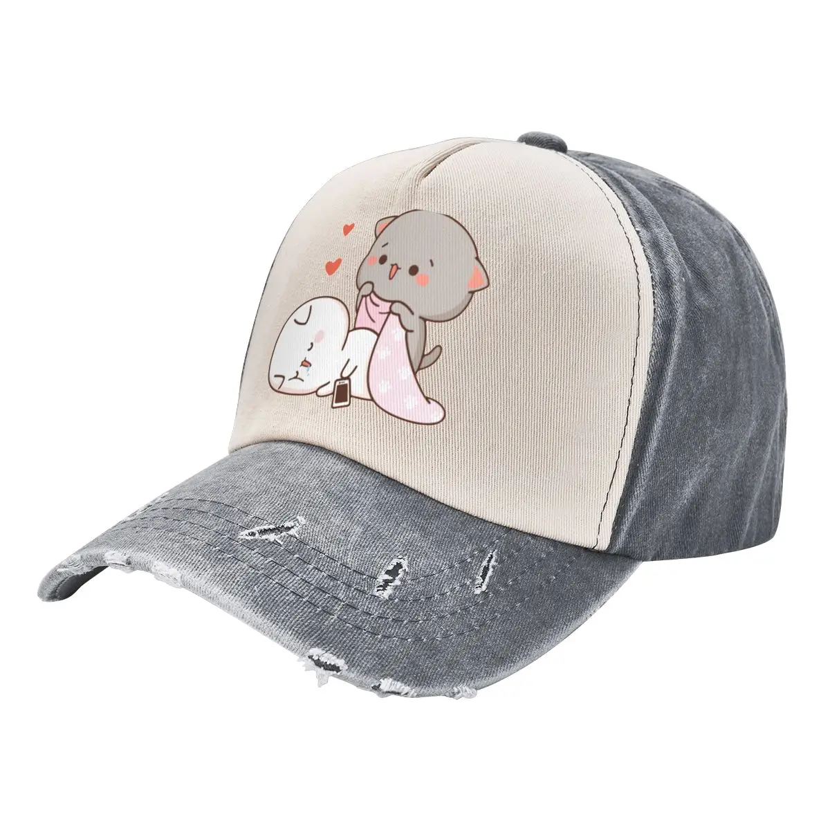 Kawaii Peach And Goma Mochi Drooling Baseball Caps Men Women Distressed Washed Snapback Hat Cartoon Cat Outdoor Gift Hats Cap