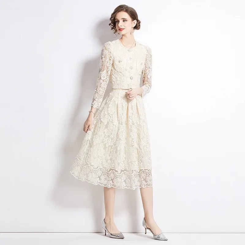 2024 Autumn New Two-piece Set French Light Luxury Palace Temperament Sweet Lace Skirt New in Matching Sets for Women 2 Pieces