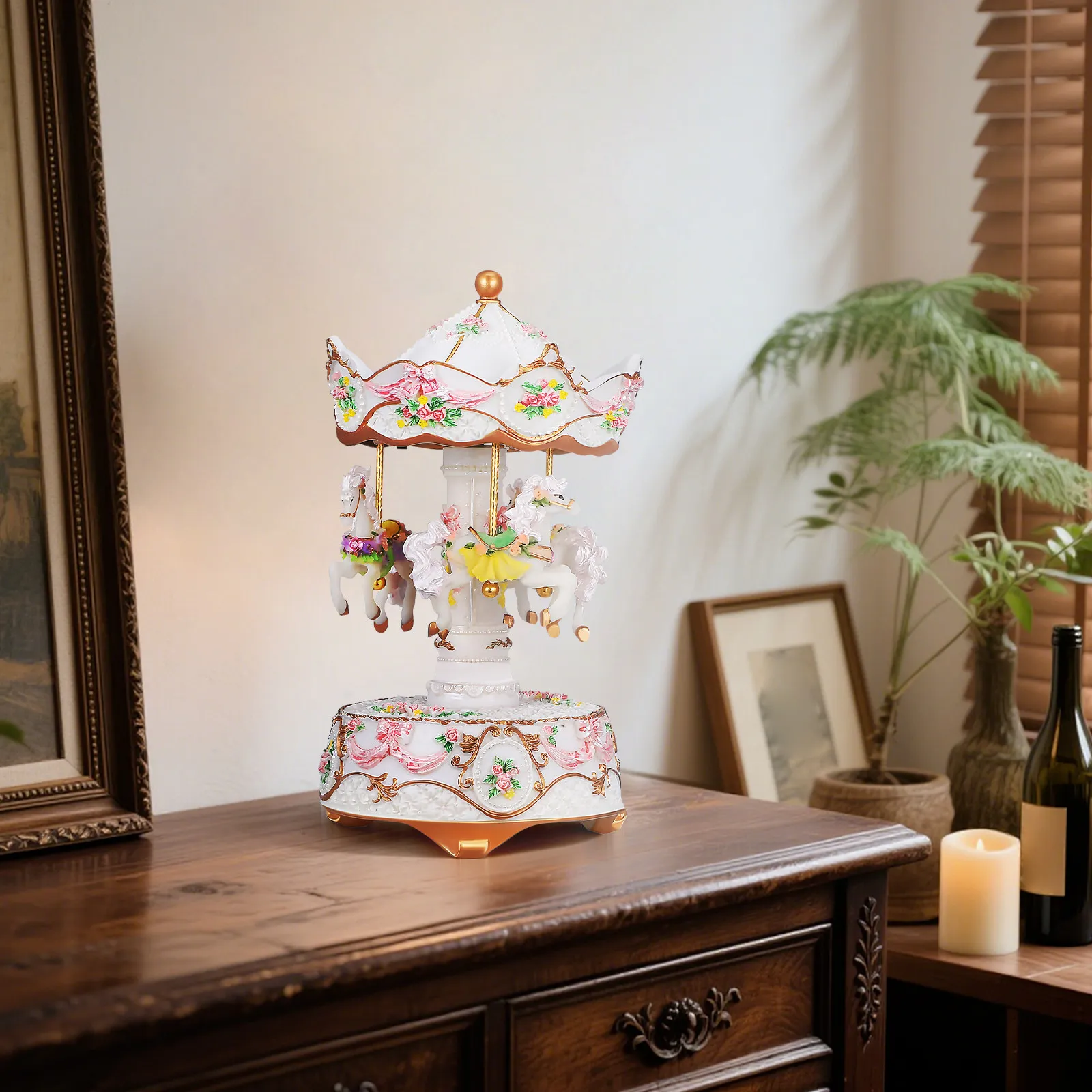 Rotating Music Box Carousel for Retro Vintage Style Carved Horse Gentle Light Display Mechanical Windup Desktop