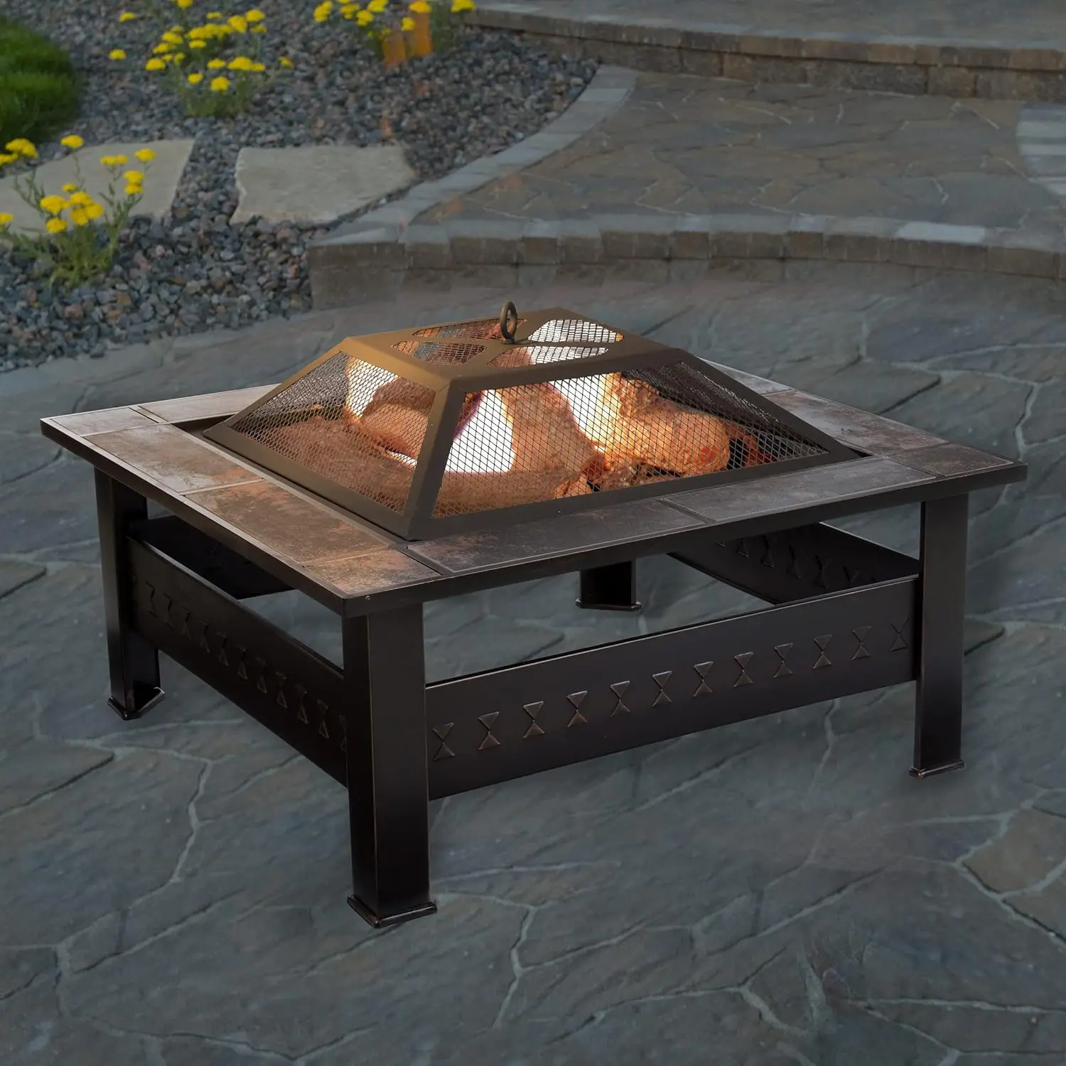 

50-155 Wood Burning Fire Pit Set Includes Screen, Cover and Log Poker-for Outdoor and Patio, 32-inch Marble Tile Square Firepit