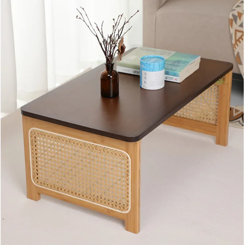 Japanese Style Bay Window Room Desk, Natural Bamboo Side Table Tatami Rattan Woven Coffee Table, Foldable Storage Home Furniture