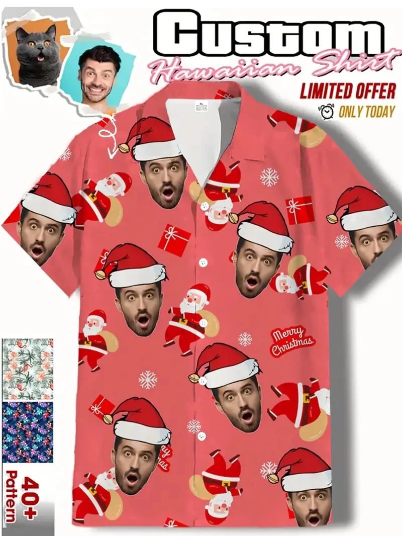 Funny Custom Face Design Christmas Hat Shirts Funny Holiday Mens Shirts Casual Button Down Xmas Shirts Y2k Unisex Blouses Tops
