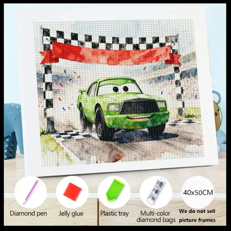

1PC 5D DIY Diamond Painting Kit, Cute Cartoon Green Race Car at Finish Line Checkered Flag Art, Full Drill Sparkling Rhinestone