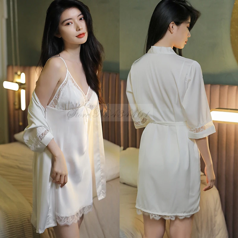 Sexy donne Rayon Kimono accappatoio bianco sposa damigella d\'onore abito da sposa Set pizzo Trim indumenti da notte abbigliamento Casual per la casa