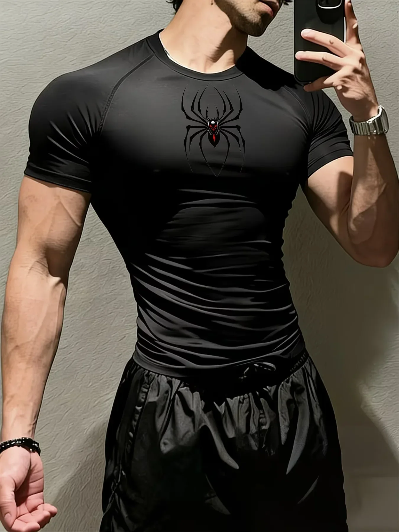 All season fitness tight fitting short sleeved men's clothing with spider print design, made of elastic and breathable materials