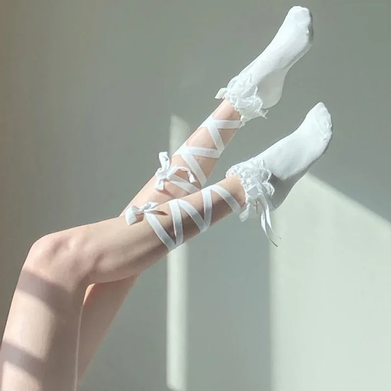 Japanische Spitze Kreuz Straps Krawatte Bein Socken Jk Frauen Baumwolle Sexy Strümpfe Dünne frauen Mittleren Rohr Socken Party lange Socken – Detail 3
