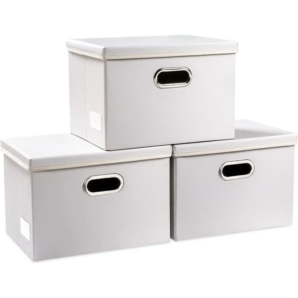 

Складные контейнеры для хранения с крышками [набор из 3 шт.] – Органайзеры-корзины из кожзаменителя, складные ящики-кубы с крышкой