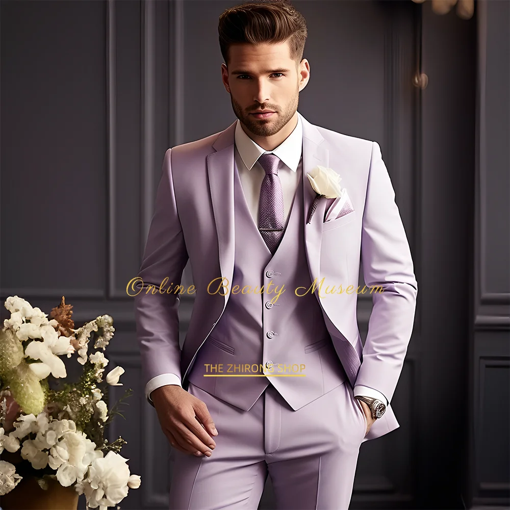 Fato roxo masculino de 3 peças (blazer + colete + calça), adequado para casamentos e eventos formais, vestido elegante de noite.