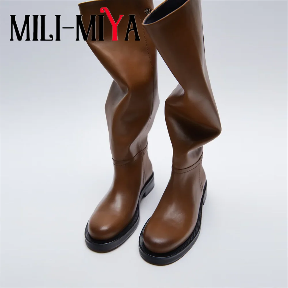MILI-MIYA Women's Classic Round-Toe Wide-Leg Cow Leather Knee-High Boots With Comfortable Square Heels Plus Size 34-43 Handmade