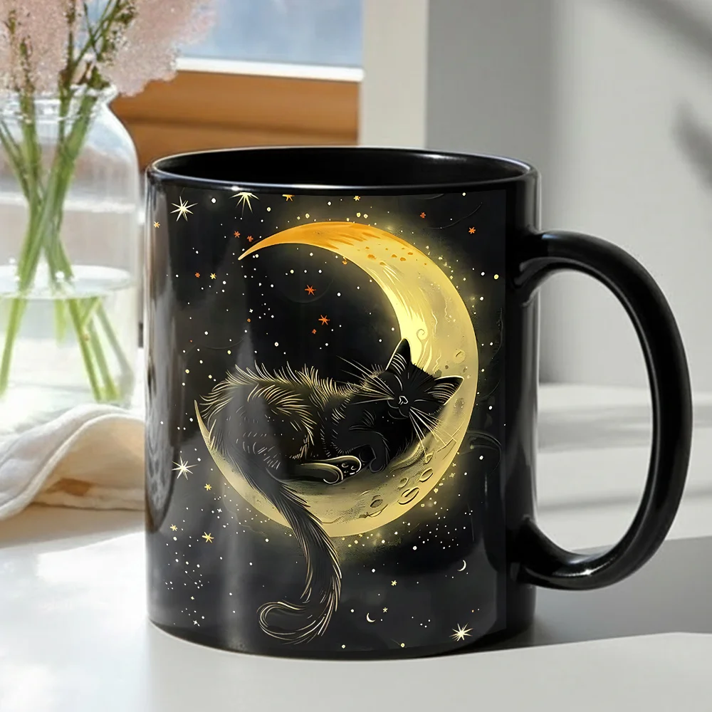 Cat Mug with Lip Design Moon Starry Sky Black Cat Pattern Home Office Coffee Cup Cat Lover Birthday Gift