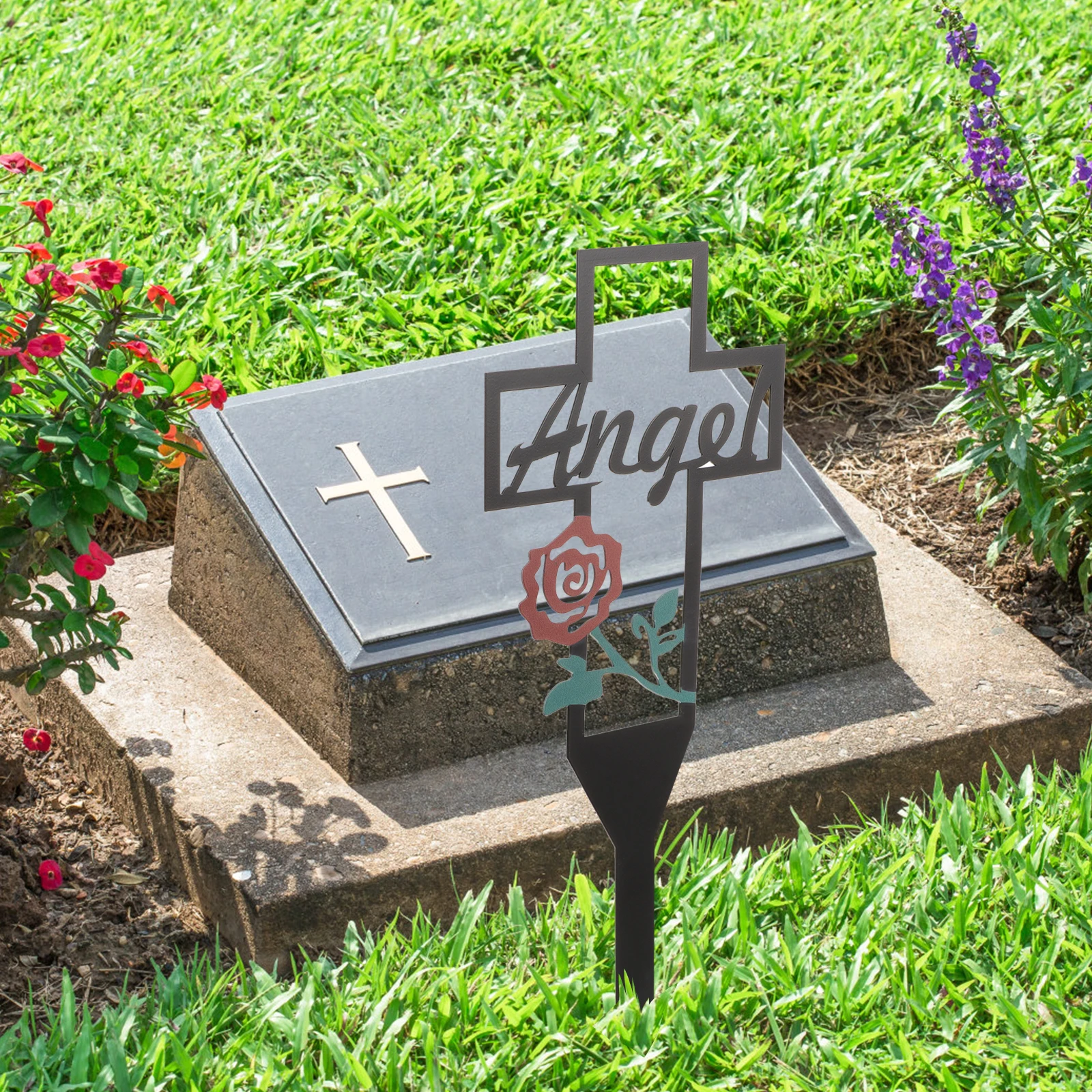 

Memorial Garden Decoration Plaque Pile Cemetery Headstones Grave Cross Stake Metal Yard Sign Marker Decorations Stakes