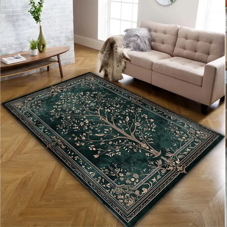 سجادة قوطية خضراء داكنة مع أشجار الأزهار وأنماط الطيور، دمشق القرون الوسطى خمر الطابق الفن الأزهار الغراب الخفافيش، السجاد المنزل ديكو #3